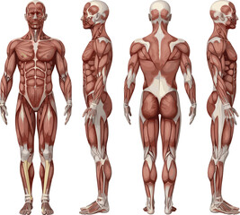 Detailed human muscular system anatomy illustration showing front, side, and back views, educational medical vector graphic for biology, physiology, and fitness training themes
