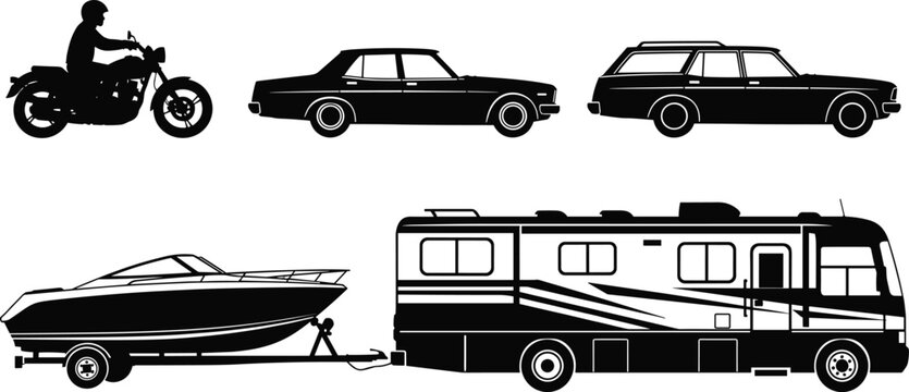 Silhouettes of motorcycle, sedan car, station wagon, motorhome RV, and boat trailer, diverse personal and recreational transportation concept vector graphic illustration