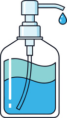 Liquid soap pump bottle vector, transparent dispenser with blue liquid drop, hand sanitizer icon, hygiene product graphic, cleanliness and germ prevention design
