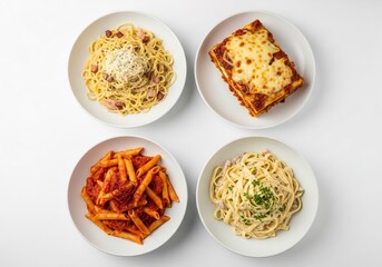 Four different types of italian pasta dishes, including spaghetti, lasagna, penne, and fettuccine, isolated on a white background