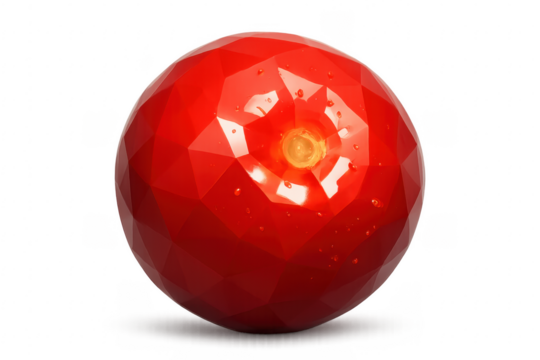 Glossy red sphere rotating on transparent background with water drops