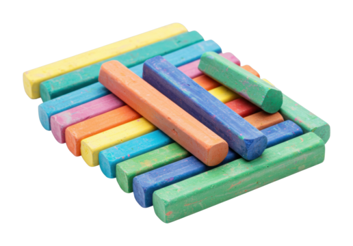 Artistic chalk drawing tools studio creative supplies indoor overhead vibrant colors for artistic expression isolated on transparent background