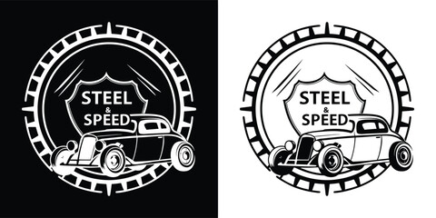 Obraz premium Vintage hot rod car with steel speed text in a circular emblem, presented in both black and white versions for versatile design use