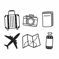 Handdrawn travel icons featuring luggage, camera, book, airplane, map, and bottle isolated on white background for tourism concept