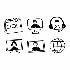 Hand drawn online meeting and communication icons isolated on white background vector illustration of calendar, computer, headset and globe