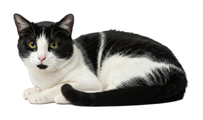 Playful black and white cat resting at home animal indoor setting relaxed mood isolated on transparent background