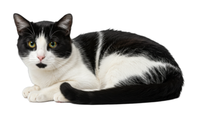 Playful black and white cat resting at home animal indoor setting relaxed mood isolated on transparent background