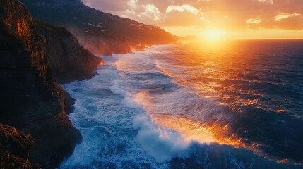 Fototapeta premium A stunning coastal sunrise with waves gently crashing
