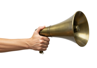 Dynamic announcement event public space of hand holding megaphone outdoor setting communication concept isolated on transparent background