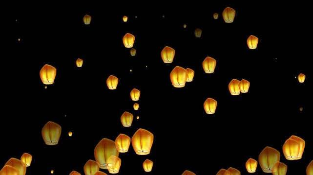 Many paper lanterns flying (Fanus flying) during Rash Mela at Durlacher in the black sky. Floating Sky Lanterns &ndash; Festival Paper Lantern Animation. 3D Animation of Multiple Paper Lanterns Rising Up.