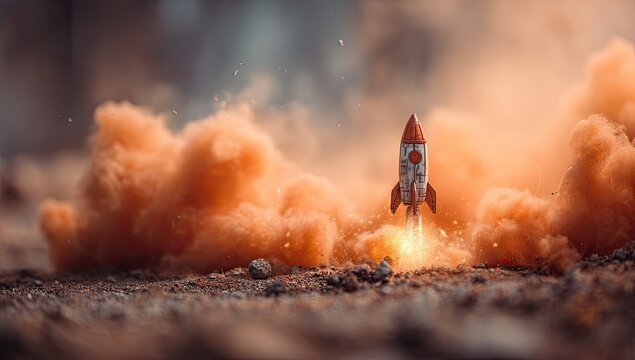 Rocket launch in a dusty orange cloud