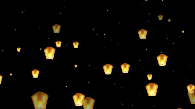Many paper lanterns flying (Fanus flying) during Rash Mela at Durlacher in the black sky. Floating Sky Lanterns &ndash; Festival Paper Lantern Animation. 3D Animation of Multiple Paper Lanterns Rising Up.