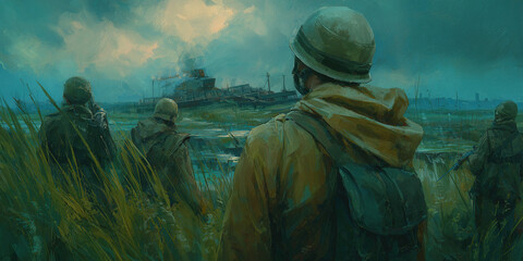 “Soldiers Silhouette Behind Barbed Wire at Sunset, War and Conflict Concept”