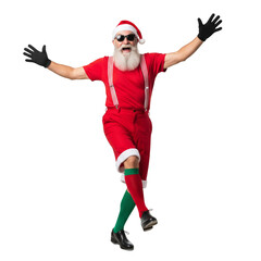Elderly caucasian male in santa outfit dancing playfully with red suspenders and green socks isolated on transparent background
