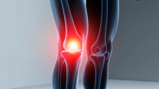 Human knee joint pain. Redness highlights discomfort against a plain backdrop. For medical use