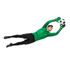 Male goalkeeper saves soccer ball flying in mid-air action shot isolated on transparent background