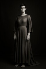 Naklejka premium Elegant caucasian female in long pleated dress in monochrome studio portrait