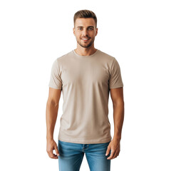 Fototapeta premium Smiling young caucasian male in casual beige t-shirt and jeans isolated on transparent background