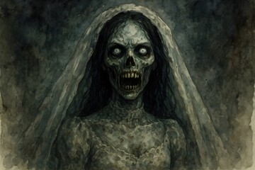 Obraz premium Terrifying Corpse Bride Portrait in Watercolor