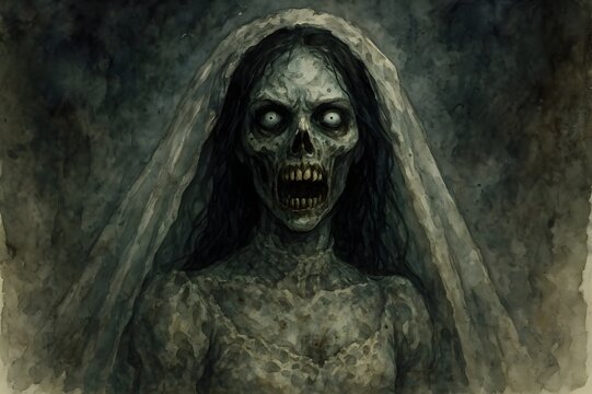Terrifying Corpse Bride Portrait in Watercolor