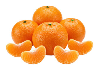 Fresh oranges and segments arranged on white surface nature food bright colors isolated on transparent background