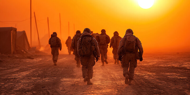“Soldiers Silhouette Behind Barbed Wire at Sunset, War and Conflict Concept” - Powered by Adobe