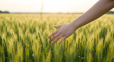 Reaching Out A Hand Touching Wheat in a Golden Field