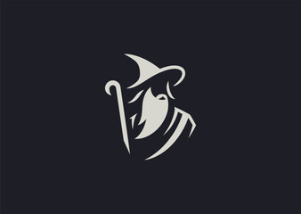 A magical minimalist wizard silhouette logo in line art, representing mystery, wisdom, and arcane power.