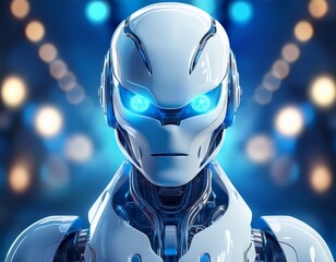 white robot with glowing blue eyes against a blurred blue background