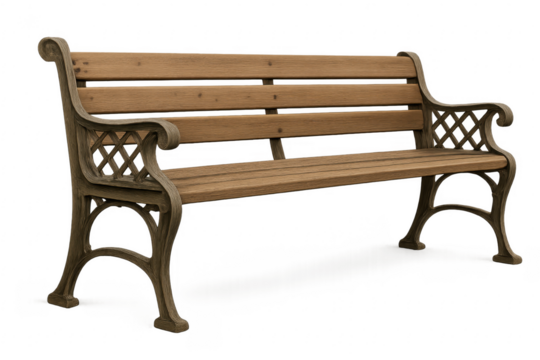 Empty wooden park bench with decorative metal frame on transparent background