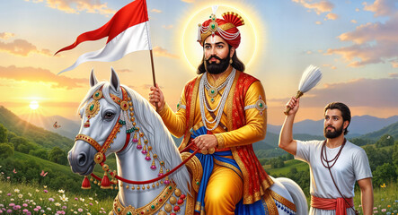 Obraz premium Baba Ramdev pir na Photo: Gujarati devotional art showing the saint at sunrise with a flag.