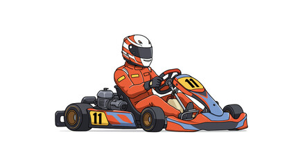 Cartoon go-kart racer in an orange suit and striped helmet driving a colorful number 11 kart.
