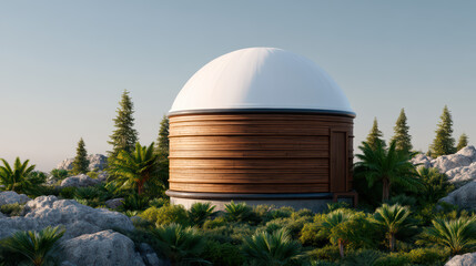 Obraz premium A modern observatory with a wooden structure and a domed roof, nestled among lush greenery and rocky terrain.