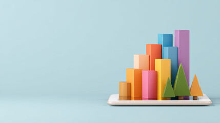 A colorful bar chart on a tablet display, representing data analysis and visualization in a modern, minimalistic style.