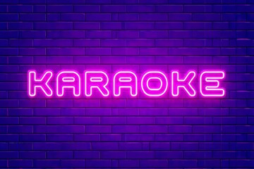 Obraz premium Karaoke neon banner on brick wall background.