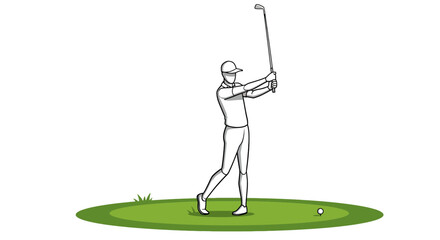 Golfer in a dynamic swing pose, a minimalist black and white line art illustration of a man playing on a green.