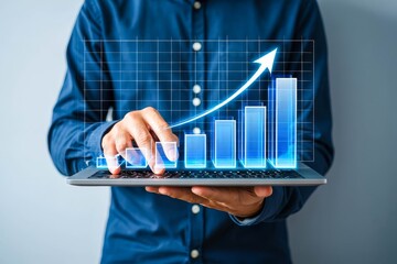 Growth graph and step up arrow. Business growth strategy and technological solutions.