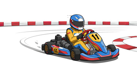 Cartoon go-kart racer in a colorful number 11 vehicle turning on a track.
