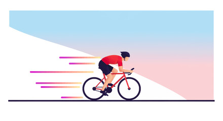 Fototapeta premium A cyclist in a red jersey and black helmet rides a bicycle with colorful speed trails.