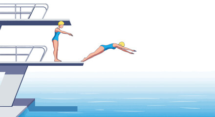 Fototapeta premium Sequence of a blonde female diver in a blue swimsuit preparing and executing a dive from a high platform.
