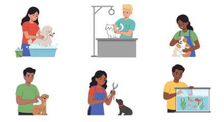 Woman Bathing a Poodle in a Blue Tub with Bubbles, Smiling.