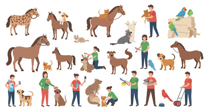 A diverse collection of cartoon people caring for their pets, including dogs, cats, horses, and birds, in various loving interactions. - Powered by Adobe
