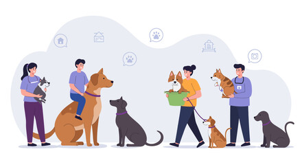 Diverse group of people caring for their pet dogs of various breeds and sizes in a flat illustration style.