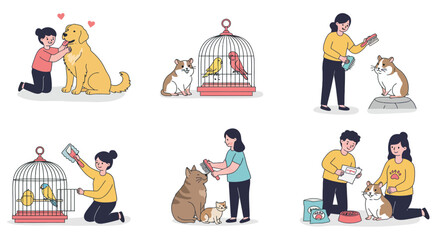 People interacting with and caring for various pets in a charming illustration