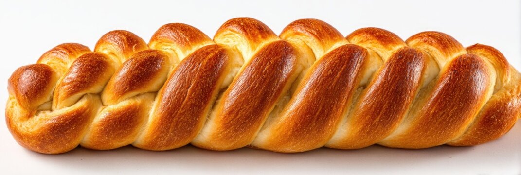 Golden-brown braided bread loaf, oblong shape, showcasing a complex, interwoven texture
