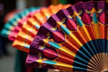 Close-up colorful flamenco fans, intricate Andalusian design, Granada, art, fiesta