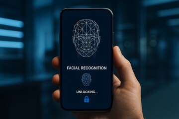 Smartphone unlocks using facial recognition technology security process. AI generated.