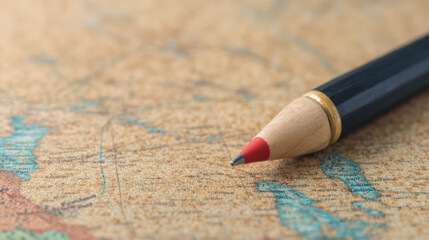 A close-up of a red-tipped pencil resting on a detailed map, showcasing textures and geographic features.