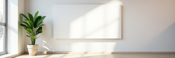 Clean white canvas on wall, vibrant artwork accent, bright studio setting , background, wall, minimalist