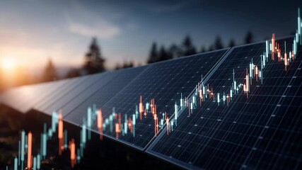 Solar panels with rising financial chart at sunset - Powered by Adobe